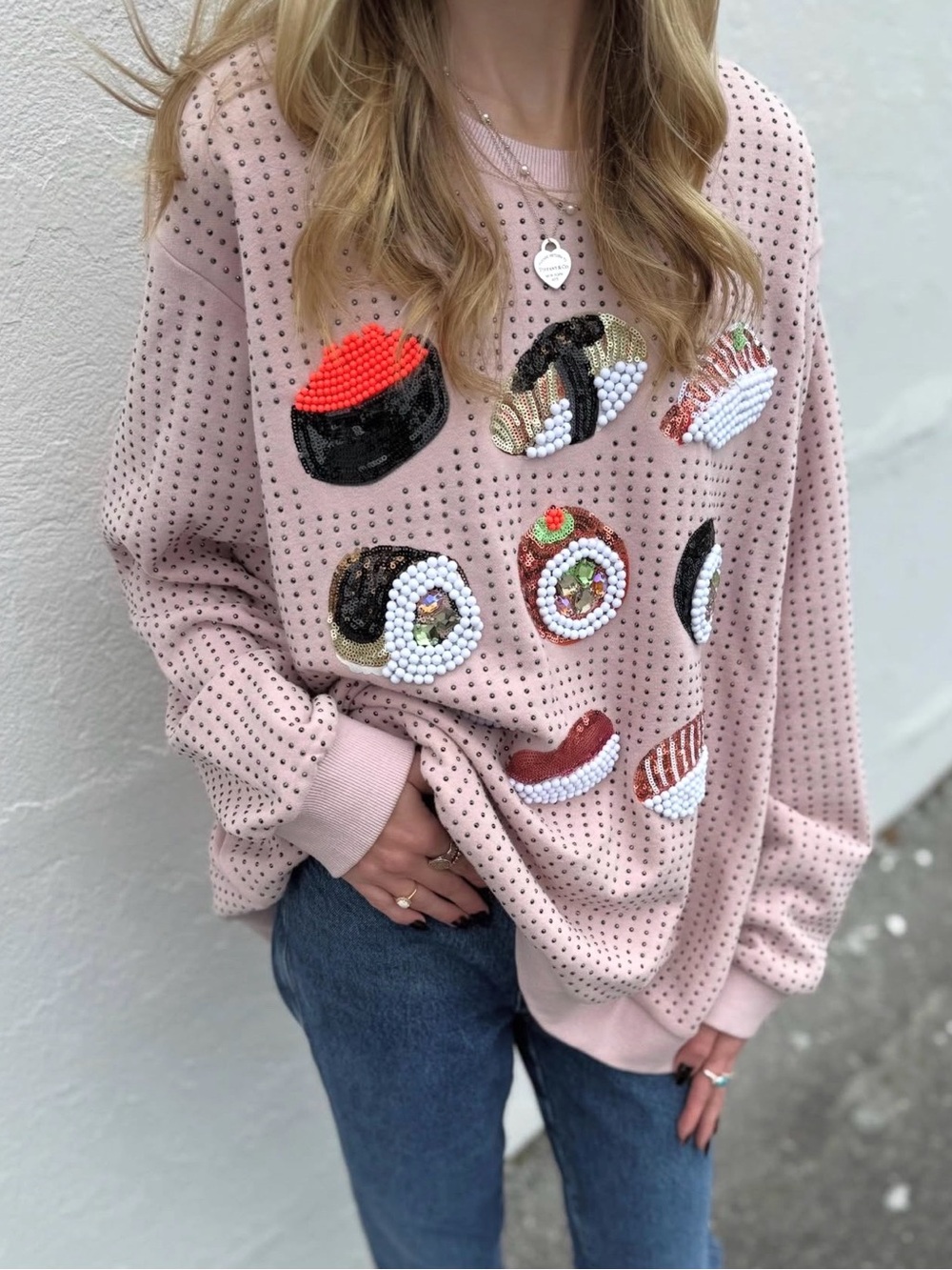 QUEEN OF SPARKLES Pink Sequin Sushi Sweatshirt